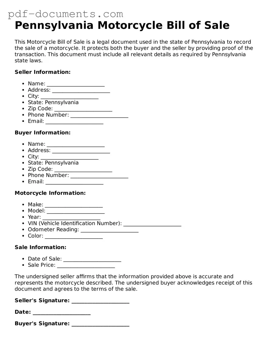 Legal Motorcycle Bill of Sale Template for the State of Pennsylvania