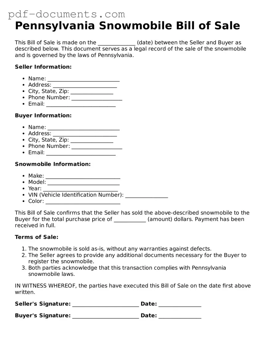 Legal Snowmobile Bill of Sale Template for the State of Pennsylvania