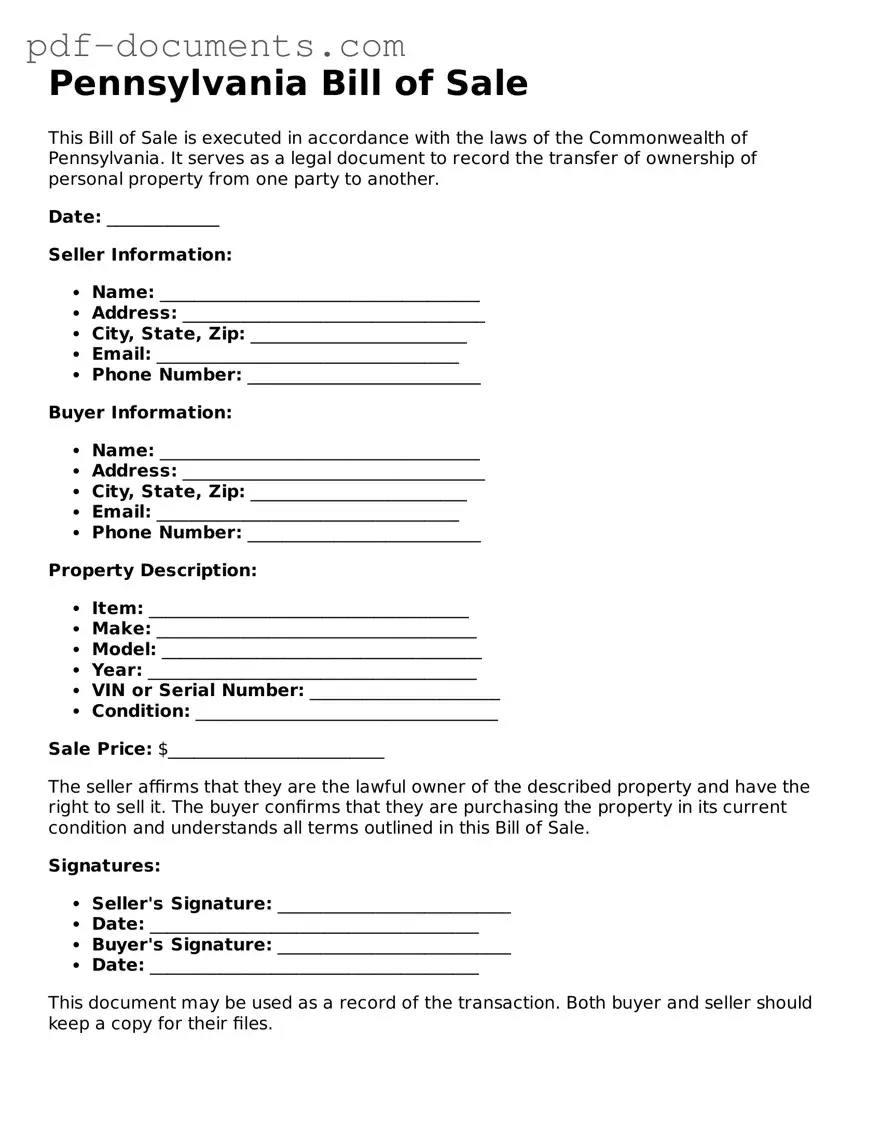 Legal Bill of Sale Template for the State of Pennsylvania