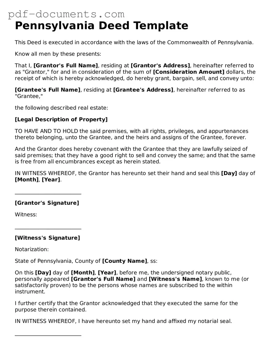 Legal Deed Template for the State of Pennsylvania
