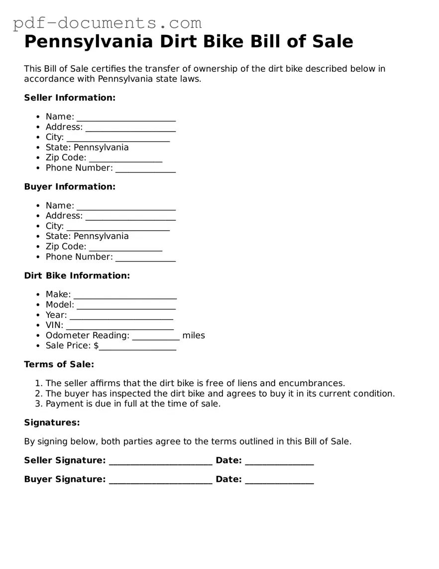 Legal Dirt Bike Bill of Sale Template for the State of Pennsylvania