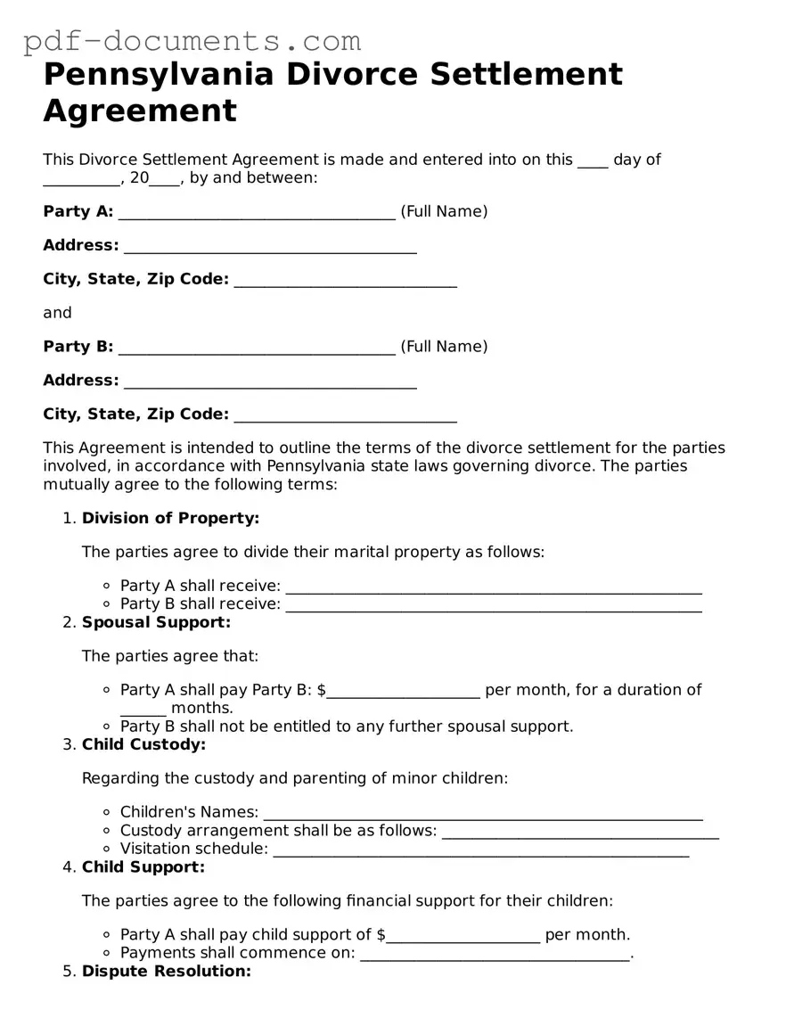 Legal Divorce Settlement Agreement Template for the State of Pennsylvania