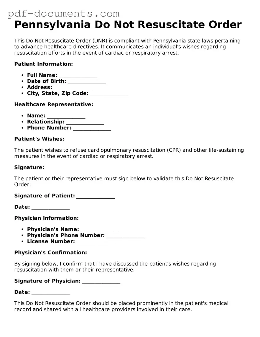 Legal Do Not Resuscitate Order Template for the State of Pennsylvania