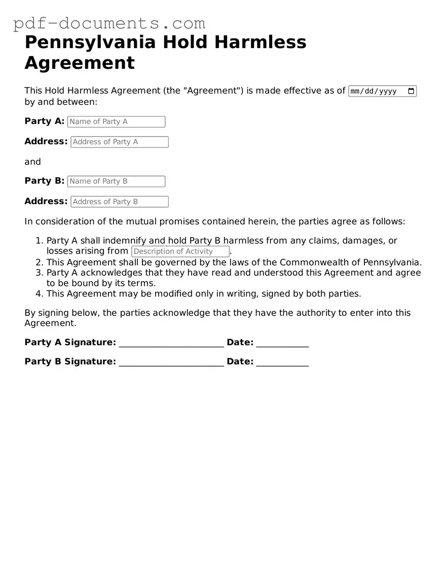 Legal Hold Harmless Agreement Template for the State of Pennsylvania