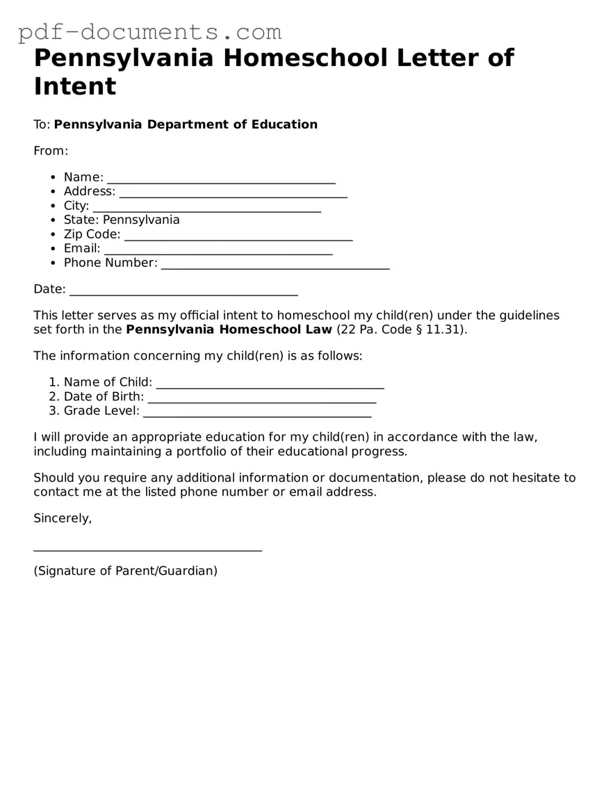 Legal Homeschool Letter of Intent Template for the State of Pennsylvania