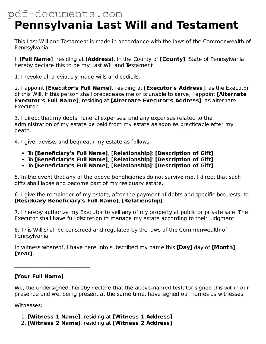 Legal Last Will and Testament Template for the State of Pennsylvania