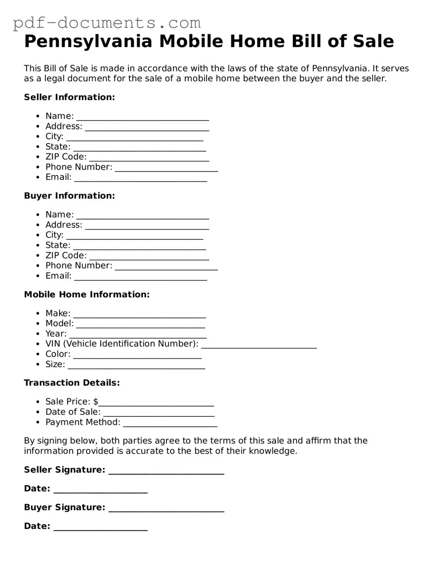 Legal Mobile Home Bill of Sale Template for the State of Pennsylvania