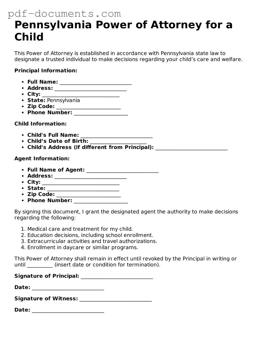 Legal Power of Attorney for a Child Template for the State of Pennsylvania
