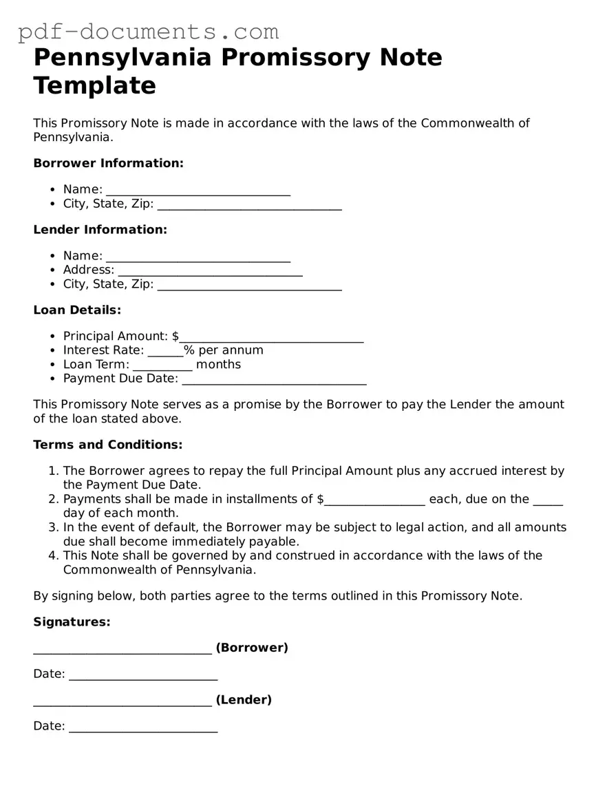 Legal Promissory Note Template for the State of Pennsylvania