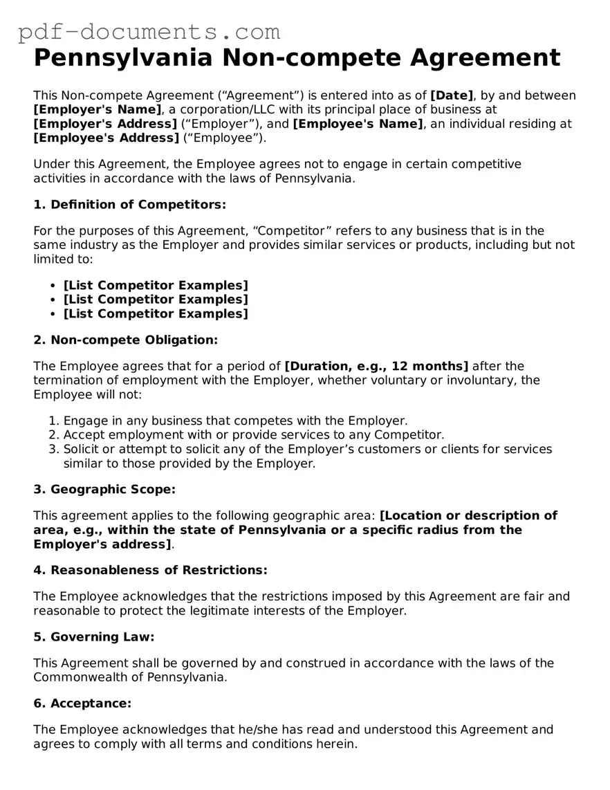 Legal Non-compete Agreement Template for the State of Pennsylvania
