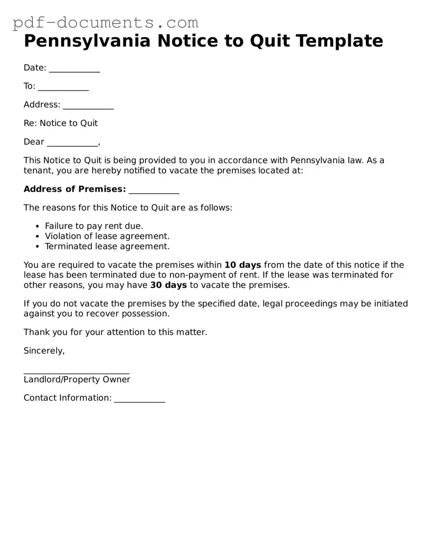 Legal Notice to Quit Template for the State of Pennsylvania