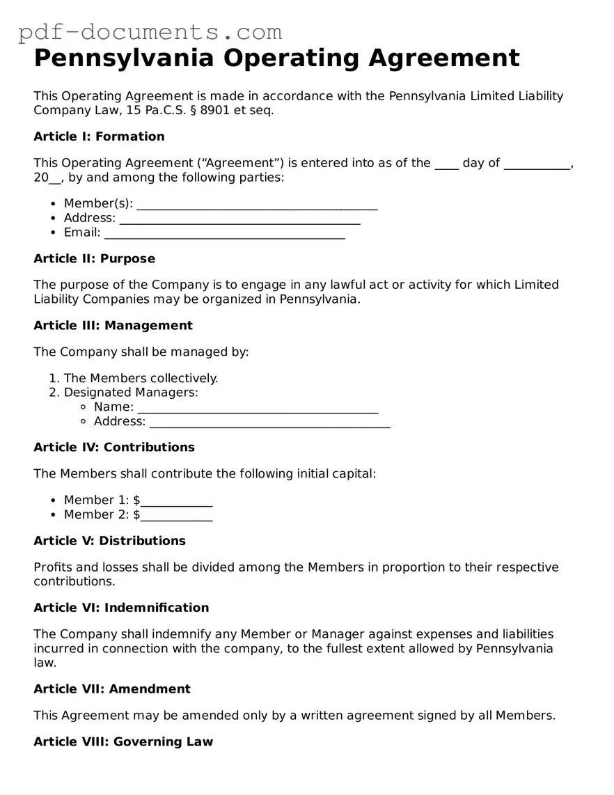 Legal Operating Agreement Template for the State of Pennsylvania