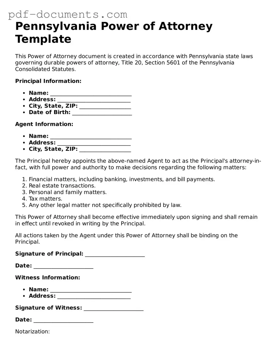 Legal Power of Attorney Template for the State of Pennsylvania