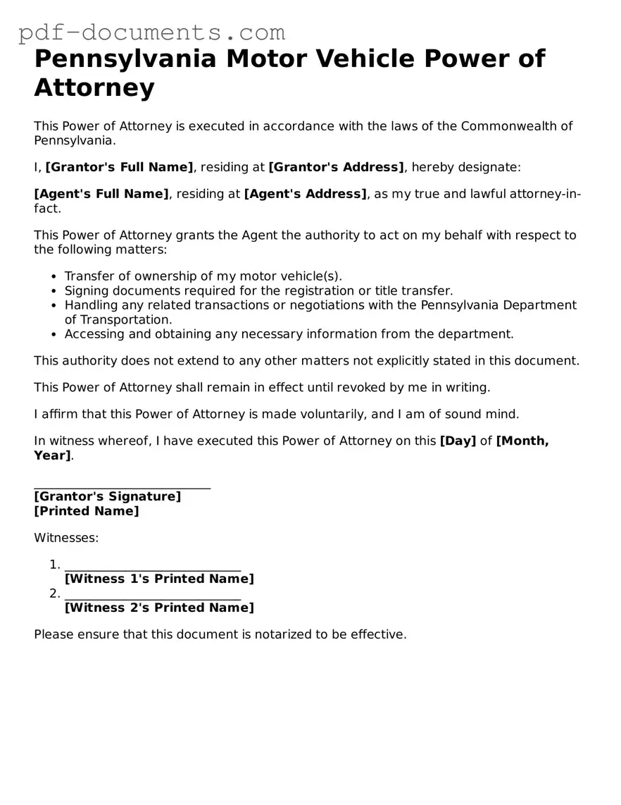 Legal Motor Vehicle Power of Attorney Template for the State of Pennsylvania