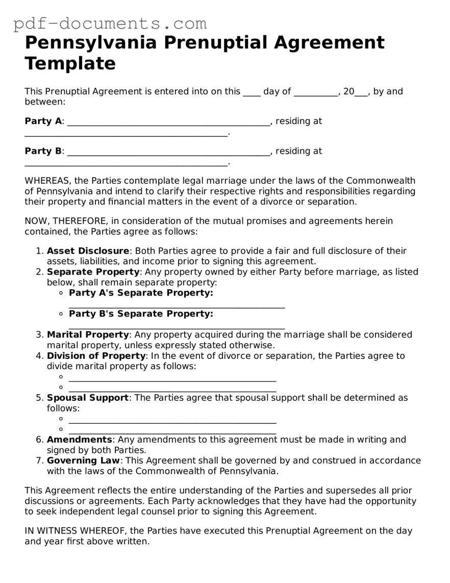 Legal Prenuptial Agreement Template for the State of Pennsylvania
