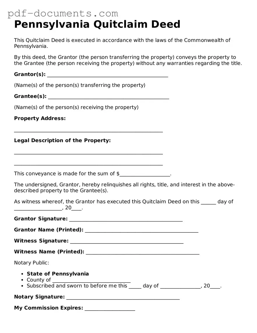 Legal Quitclaim Deed Template for the State of Pennsylvania