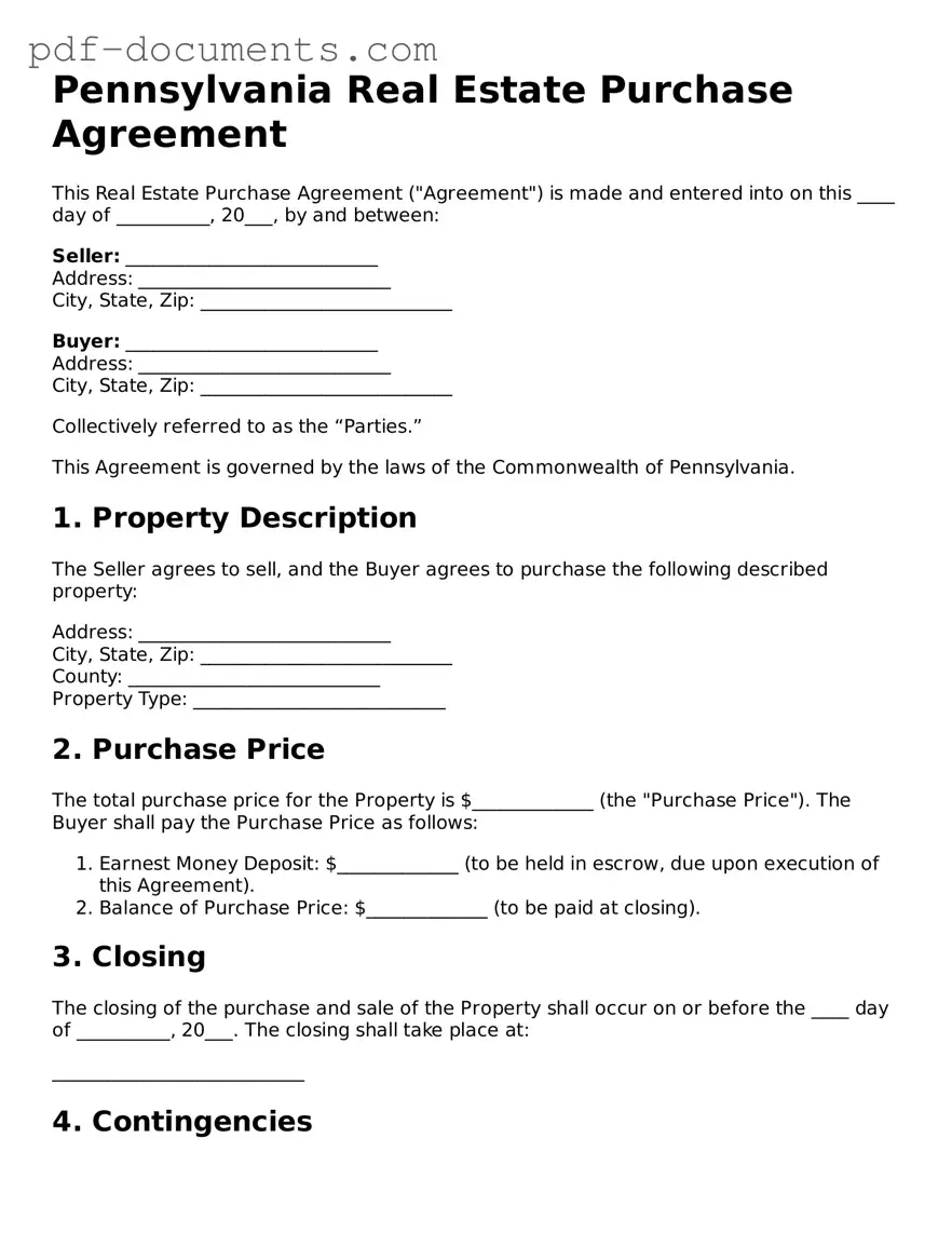 Legal Real Estate Purchase Agreement Template for the State of Pennsylvania