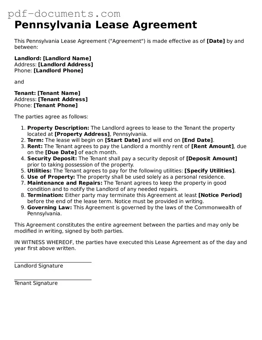 Legal Lease Agreement Template for the State of Pennsylvania