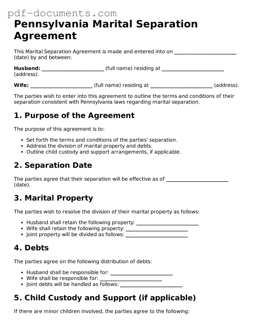 Legal Marital Separation Agreement Template for the State of Pennsylvania