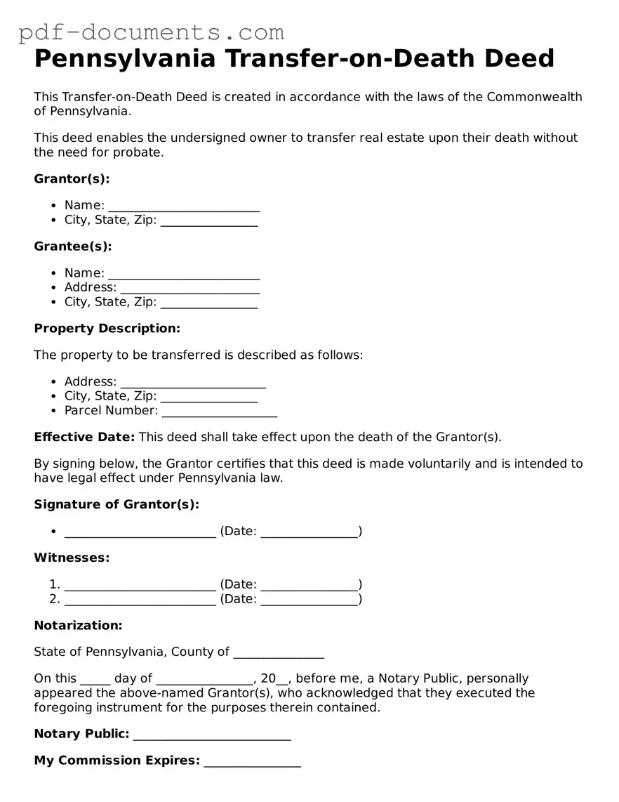 Legal Transfer-on-Death Deed Template for the State of Pennsylvania