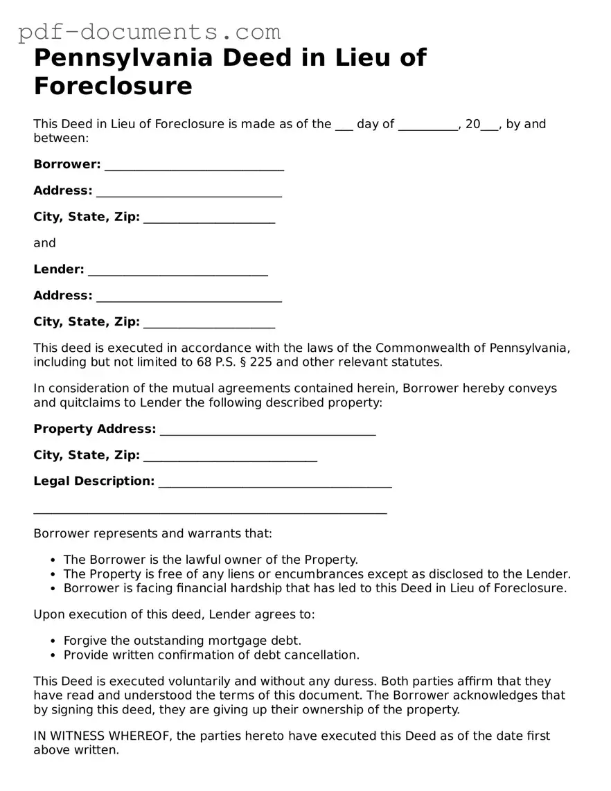 Legal Deed in Lieu of Foreclosure Template for the State of Pennsylvania