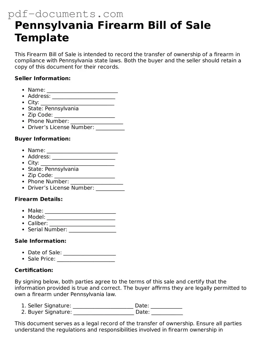 Legal Firearm Bill of Sale Template for the State of Pennsylvania