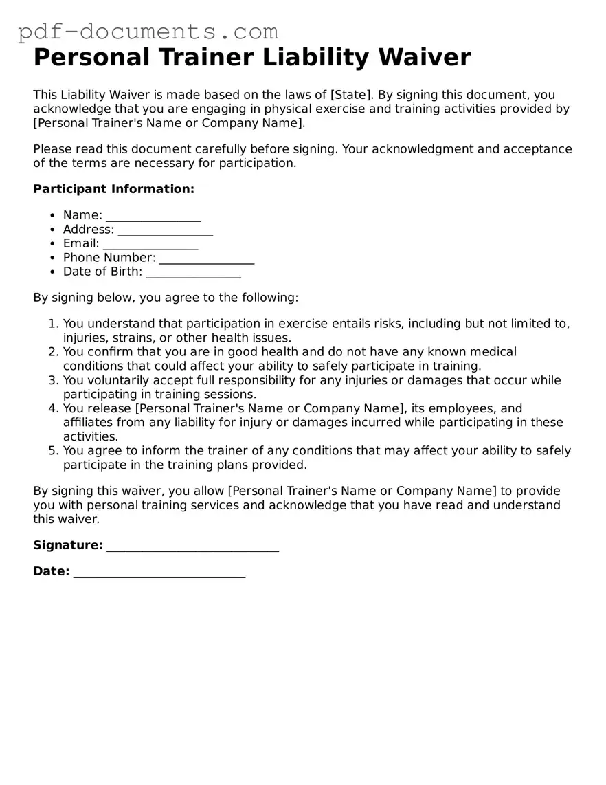 Printable Personal Trainer Liability Waiver Form