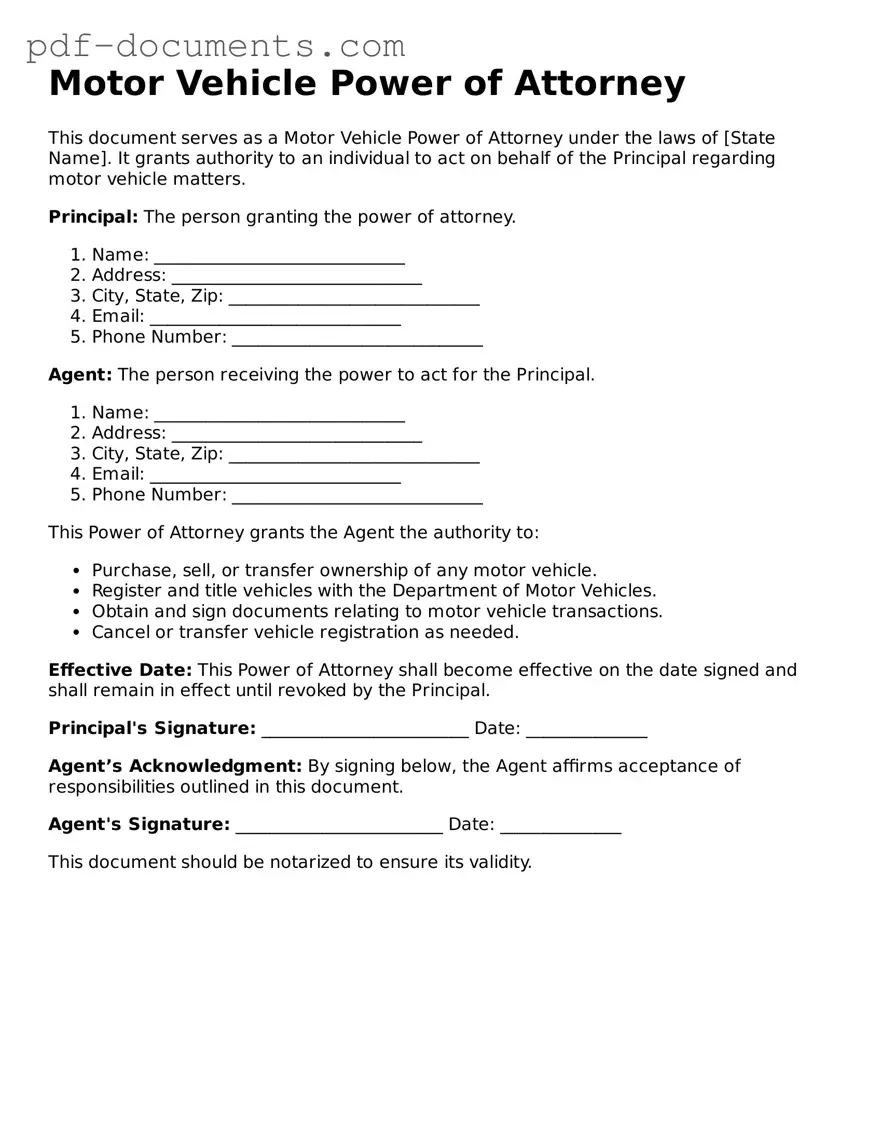 Printable Motor Vehicle Power of Attorney Form