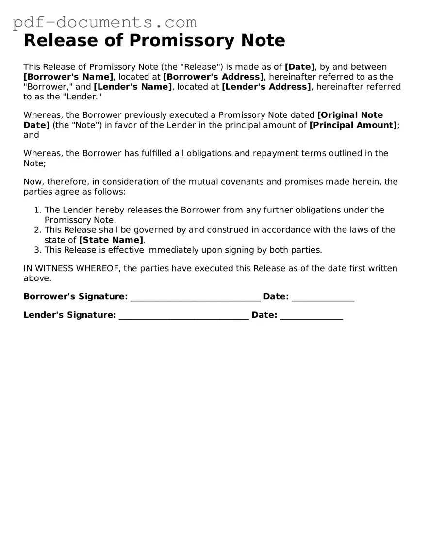 Printable Release of Promissory Note Form