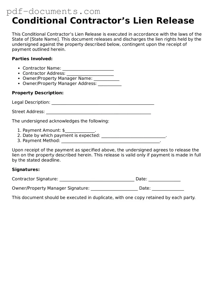 Printable Conditional Contractor’s Lien Release Form