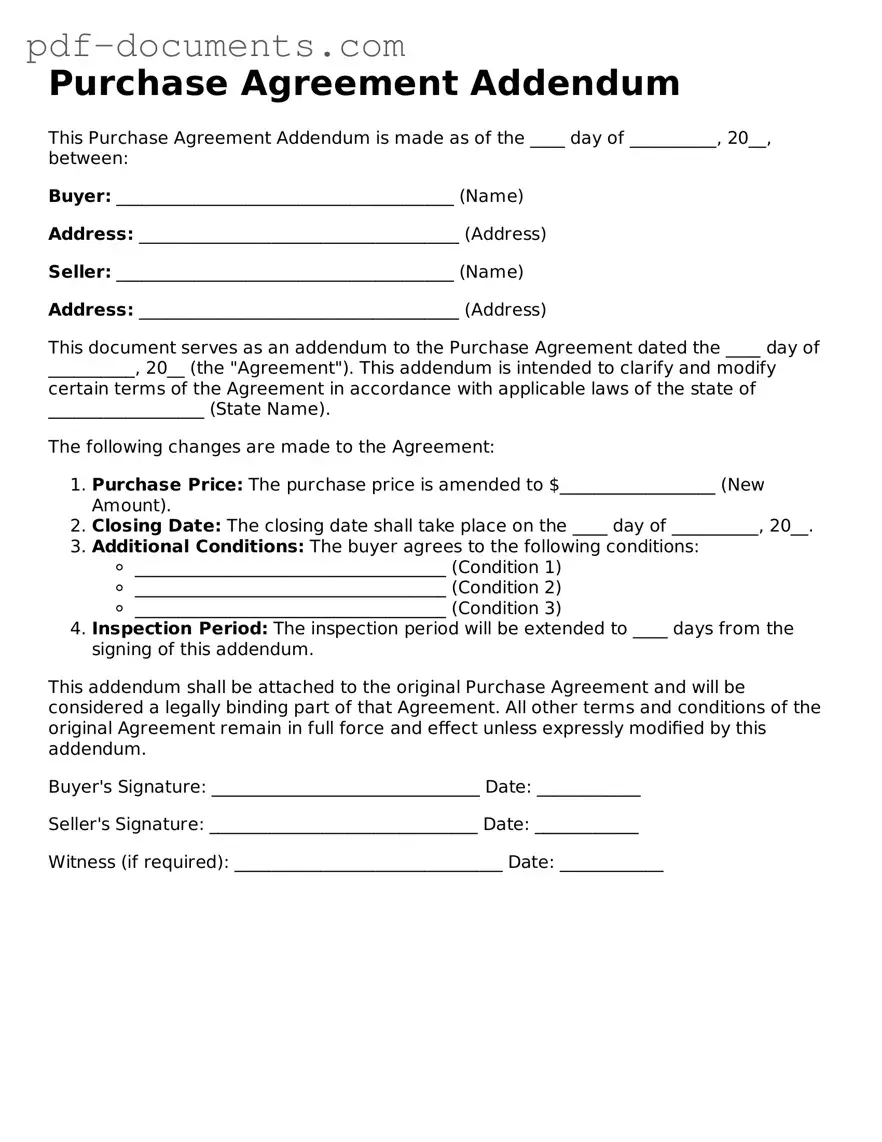 Printable Purchase Agreement Addendum Form