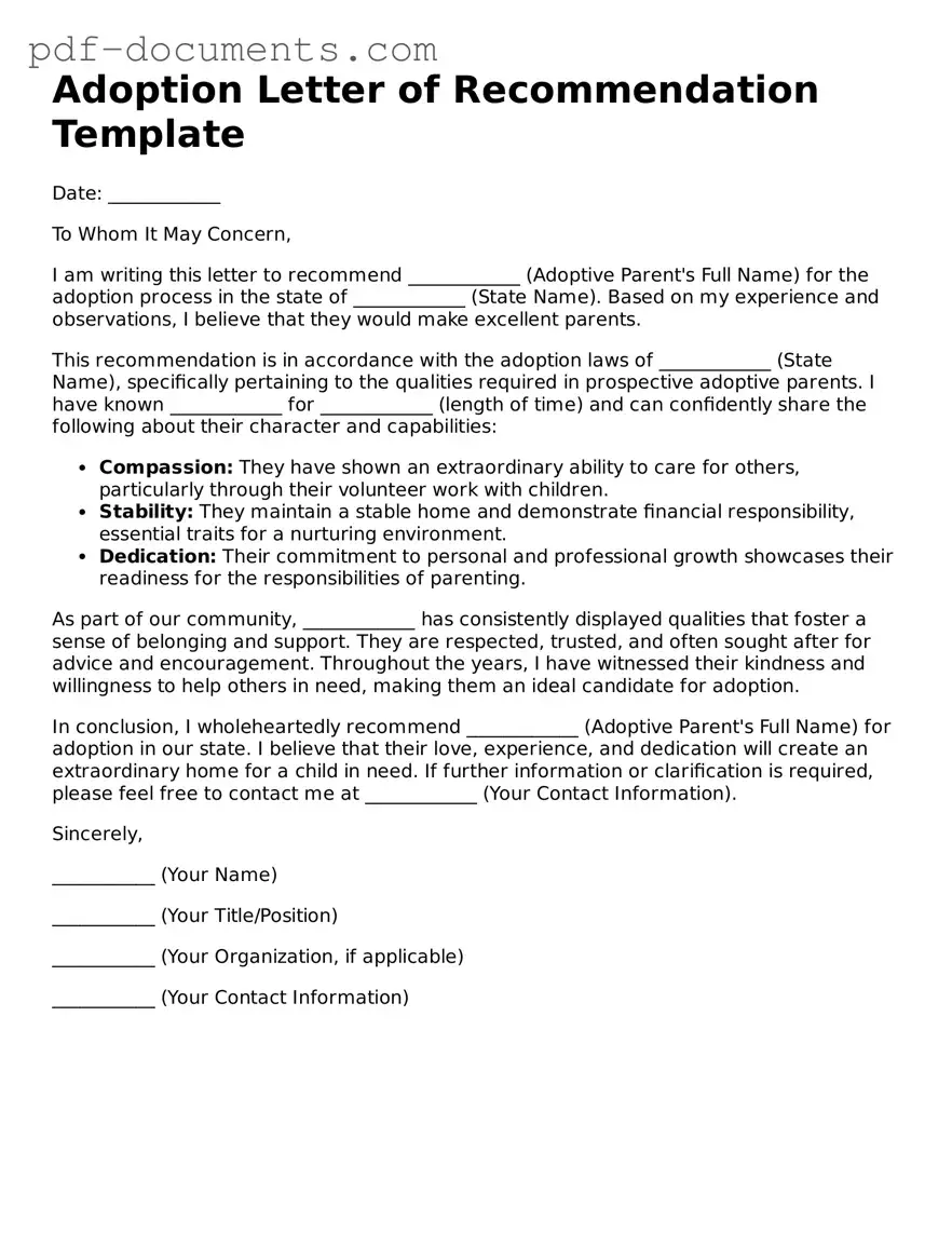 Printable Adoption Letter of Recommendation Form
