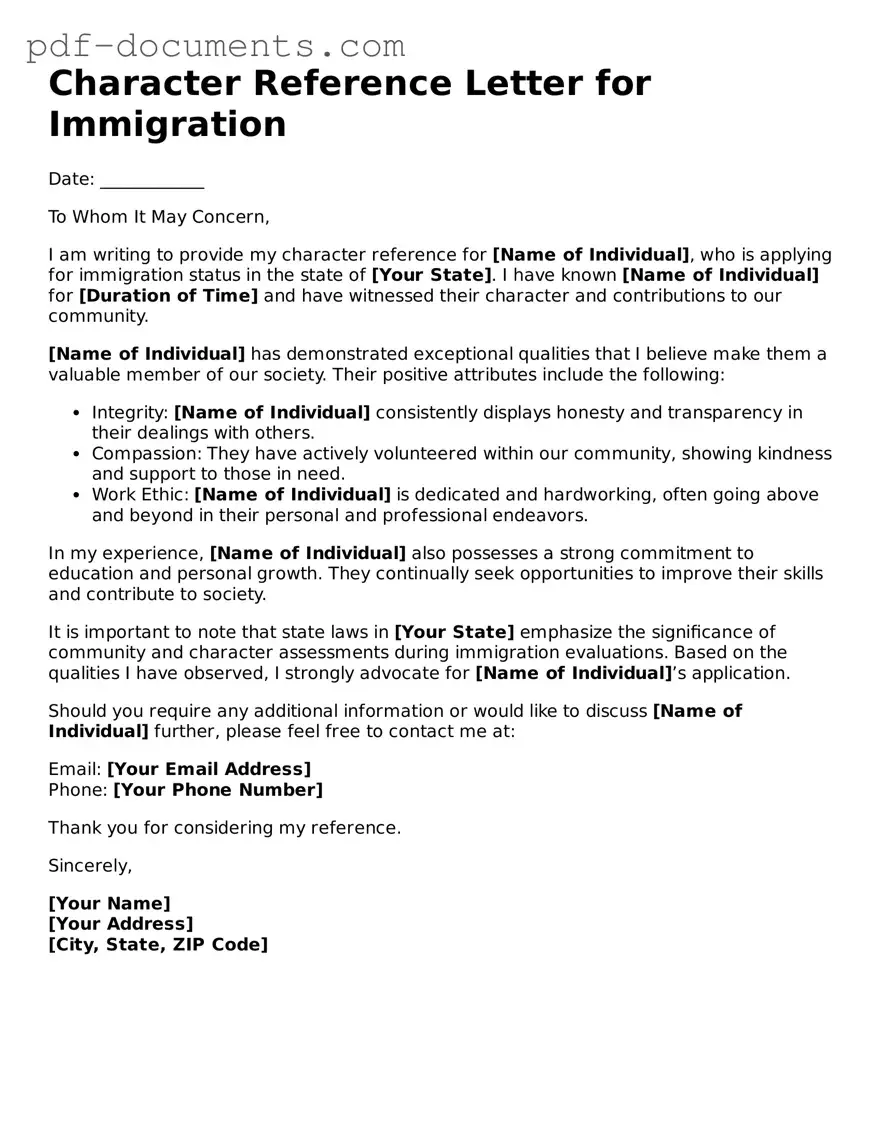 Printable Character Reference Letter for Immigration Form