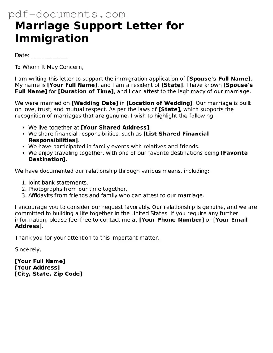 Printable Marriage Support Letter for Immigration Form