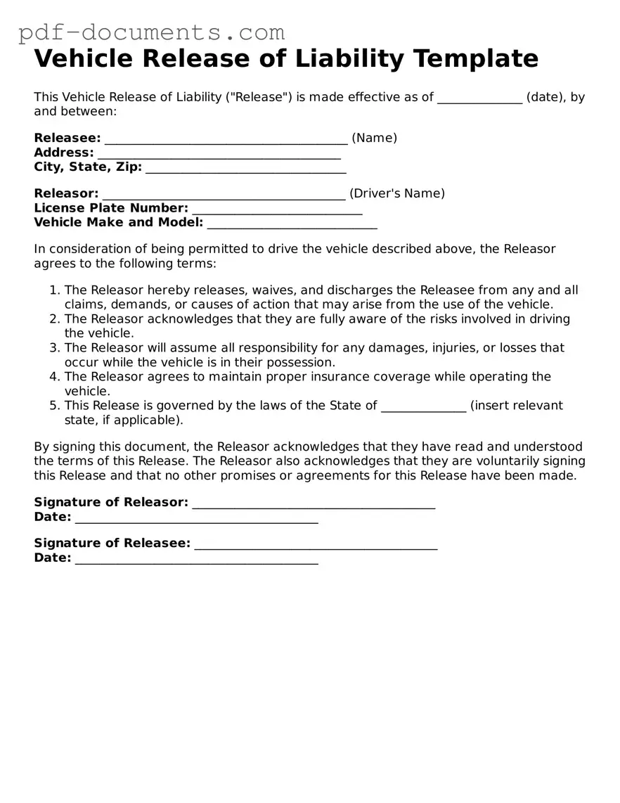 Printable Vehicle Release of Liability Form