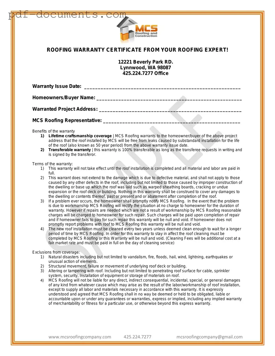Download Roofing Warranty Certificate Form