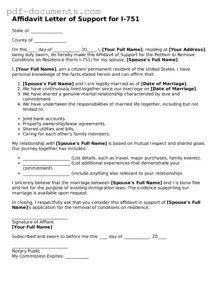 Printable Affidavit Letter of Support for I-751 Form
