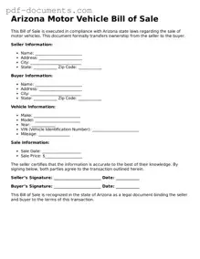 Legal Motor Vehicle Bill of Sale Template for the State of Arizona