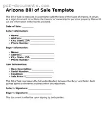 Legal Bill of Sale Template for the State of Arizona