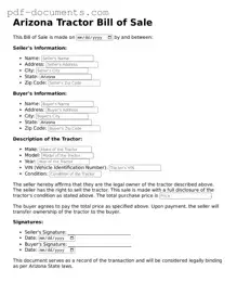 Legal Tractor Bill of Sale Template for the State of Arizona