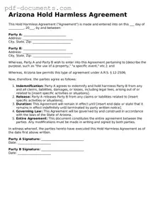 Legal Hold Harmless Agreement Template for the State of Arizona