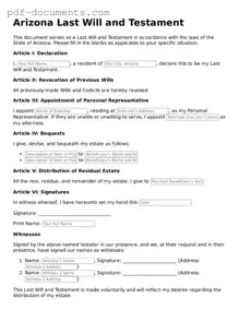Legal Last Will and Testament Template for the State of Arizona