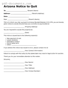 Legal Notice to Quit Template for the State of Arizona