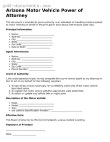 Legal Motor Vehicle Power of Attorney Template for the State of Arizona