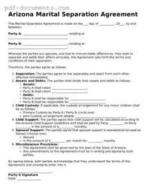 Legal Marital Separation Agreement Template for the State of Arizona