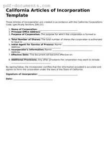 Legal Articles of Incorporation Template for the State of California