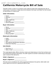 Legal Motorcycle Bill of Sale Template for the State of California