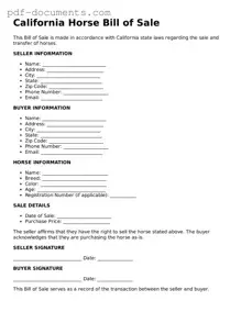 Legal Horse Bill of Sale Template for the State of California