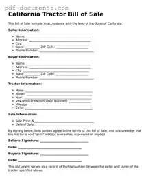 Legal Tractor Bill of Sale Template for the State of California