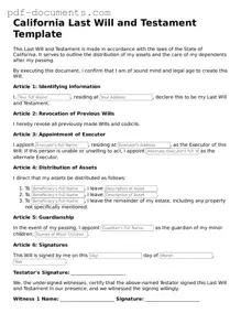Legal Last Will and Testament Template for the State of California